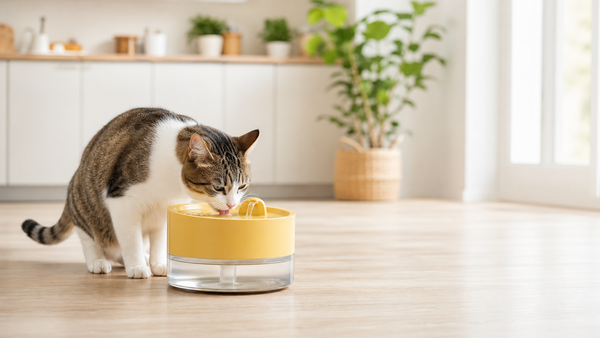 Tabby cat drinking from a yellow water fountain on a bright kitchen floor