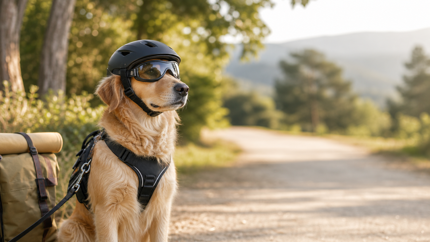 Golden dog wearing a black helmet and clear goggles on a sunlit dirt road