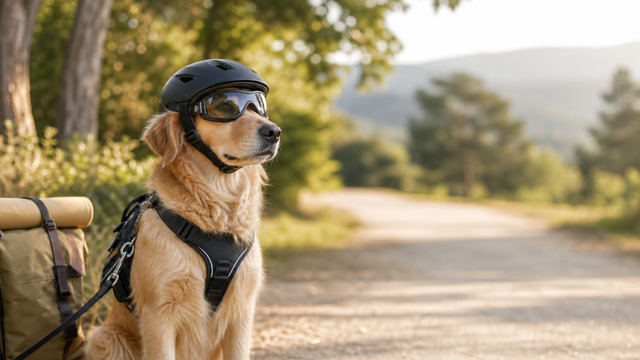 Golden dog wearing a black helmet and clear goggles on a sunlit dirt road