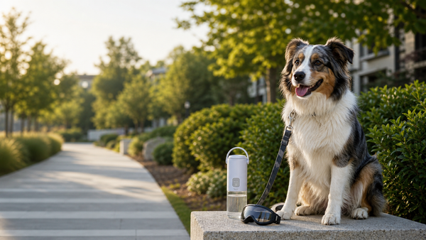 Dog sitting beside a water bottle and protective goggles on a sunny neighborhood path