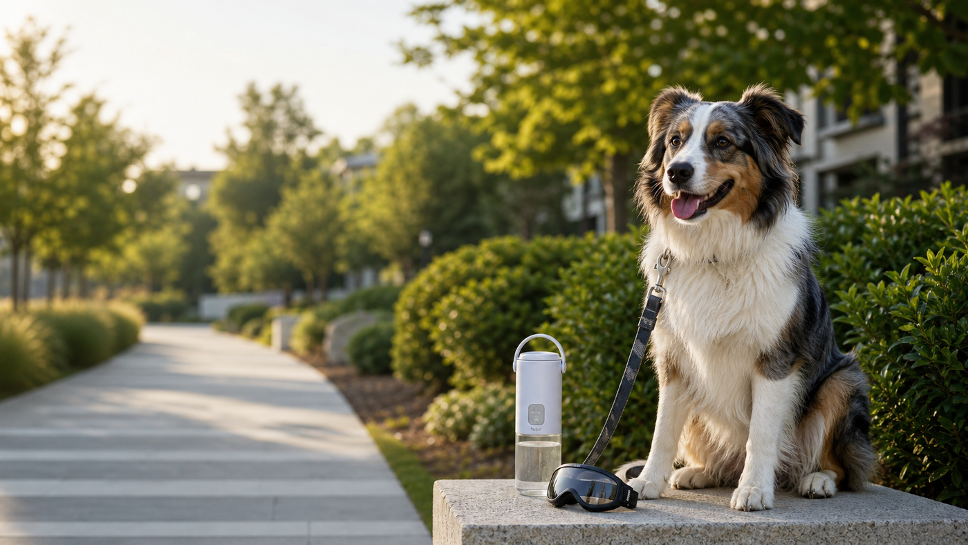 Dog sitting beside a water bottle and protective goggles on a sunny neighborhood path