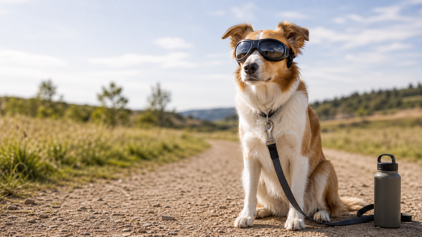 Dog wearing black protective goggles on a sunny dirt trail