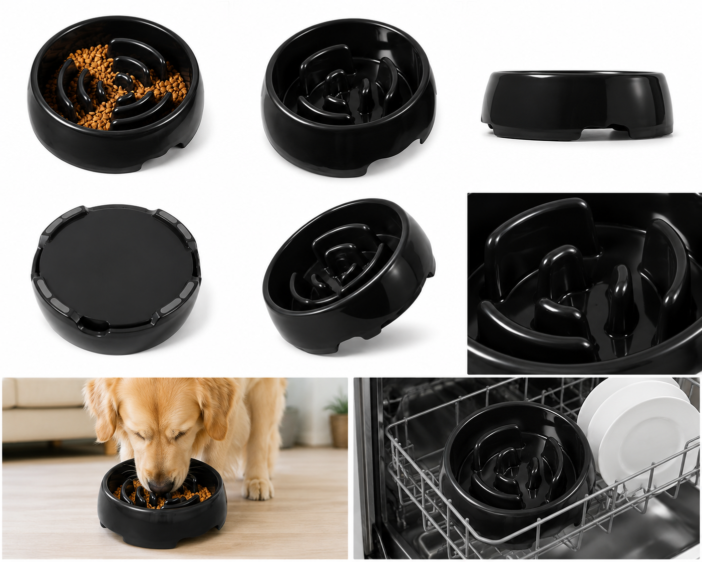 Collage of black maze slow feeder bowl views, non-slip base, dog use, and dishwasher cleaning