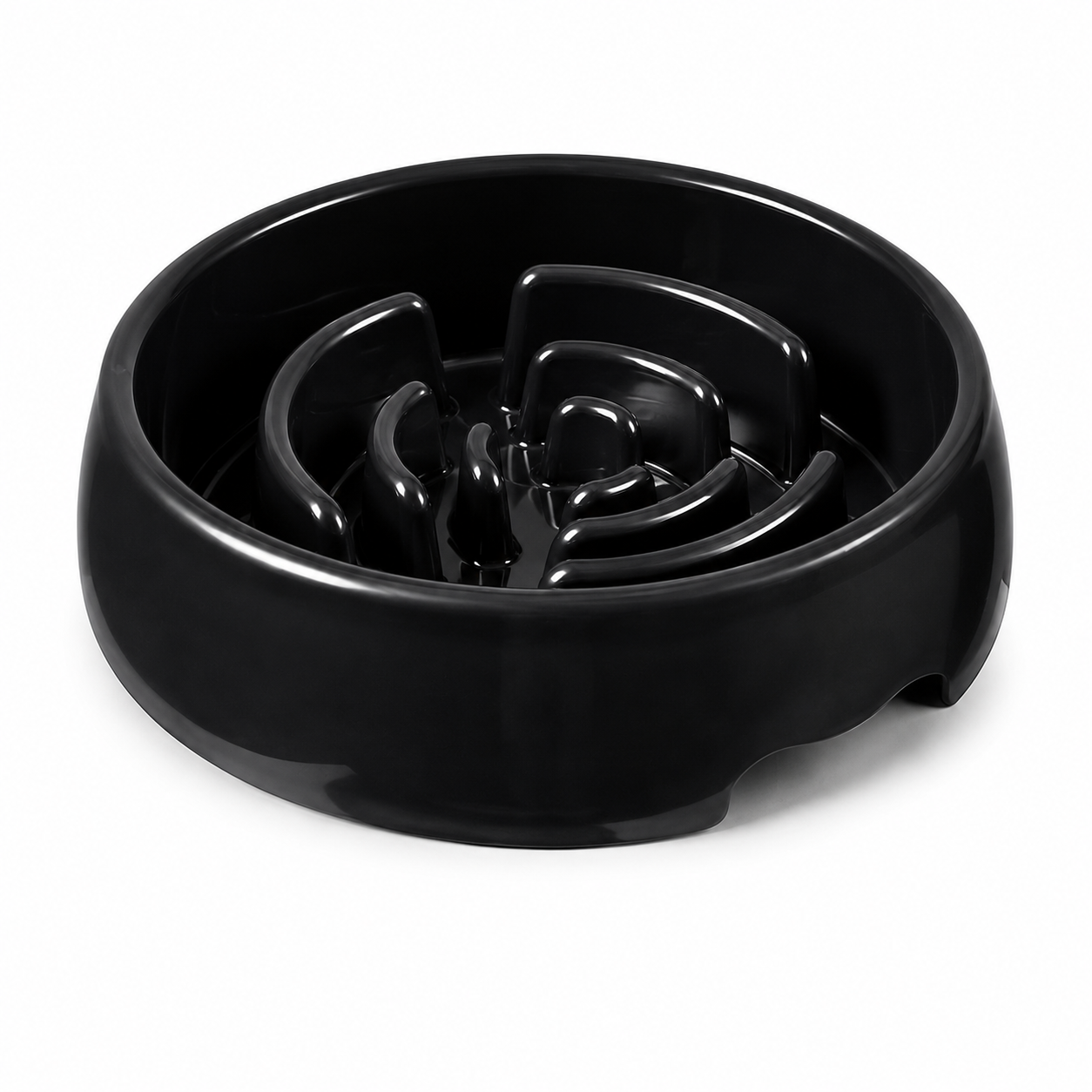 Glossy black maze slow feeder dog bowl on a white background