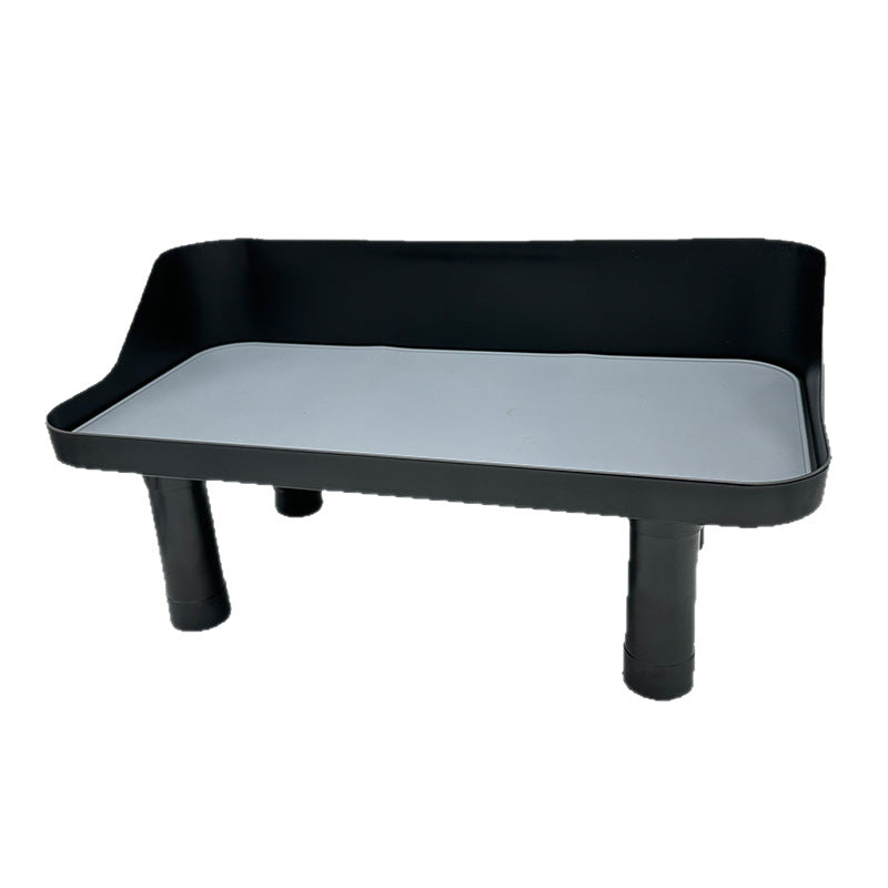 Black adjustable raised pet feeder stand with gray tray on a white background