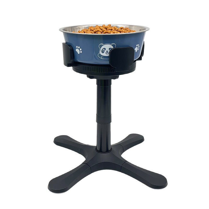 Blue elevated pet bowl with panda print on a black adjustable stand
