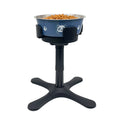 Blue elevated pet bowl with panda print on a black adjustable stand