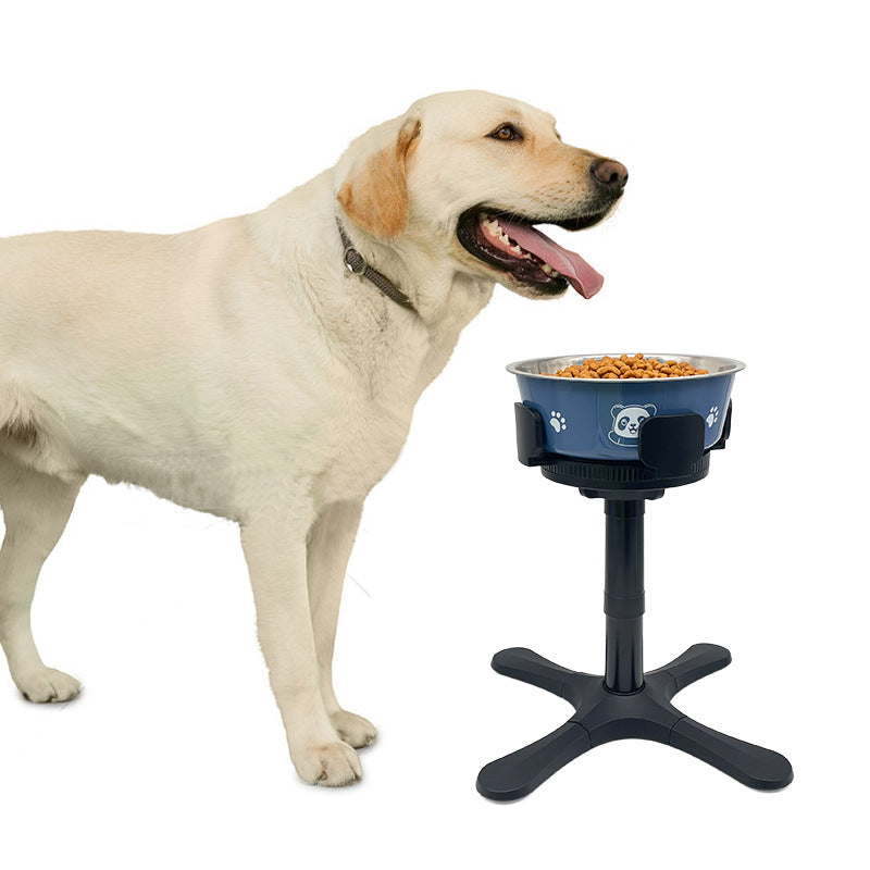Yellow lab beside blue stainless steel bowl on black adjustable raised stand