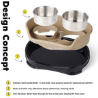 Exploded design concept of beige double pet feeder with stainless bowls and black anti-slip base