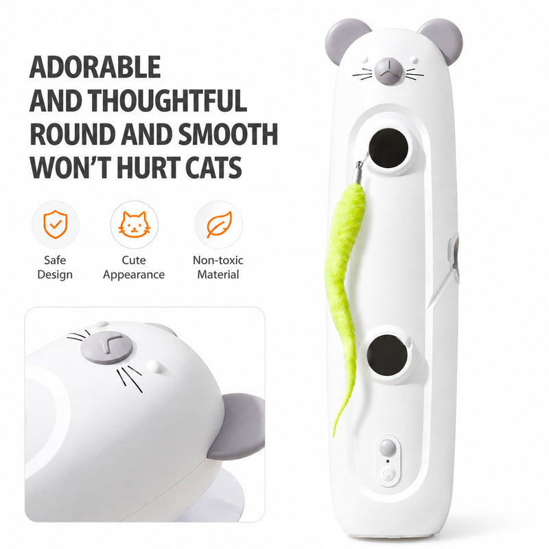 Alternate view of White mouse-shaped cat toy with lime green feather tail and rounded safety design icons