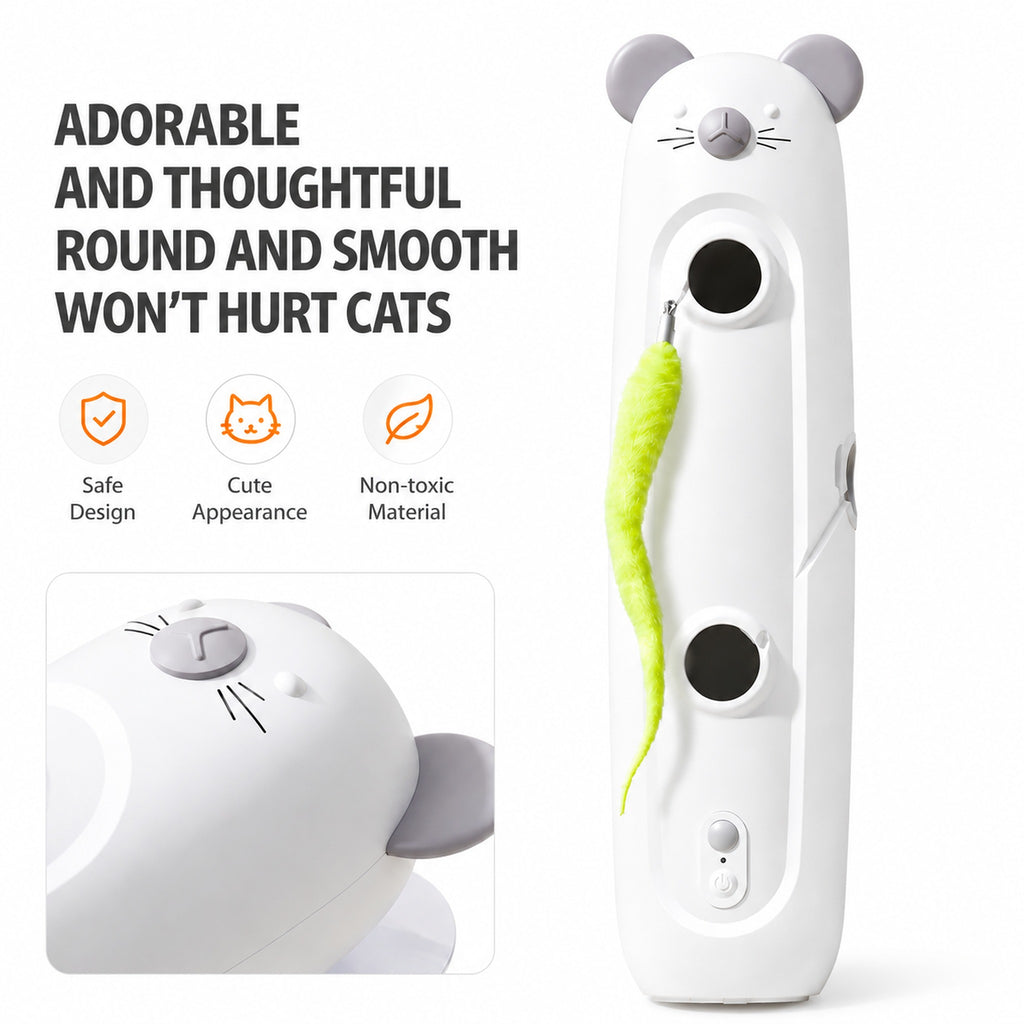 White mouse-shaped cat toy with lime green feather tail and rounded safety design icons