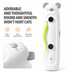 White mouse-shaped cat toy with lime green feather tail and rounded safety design icons