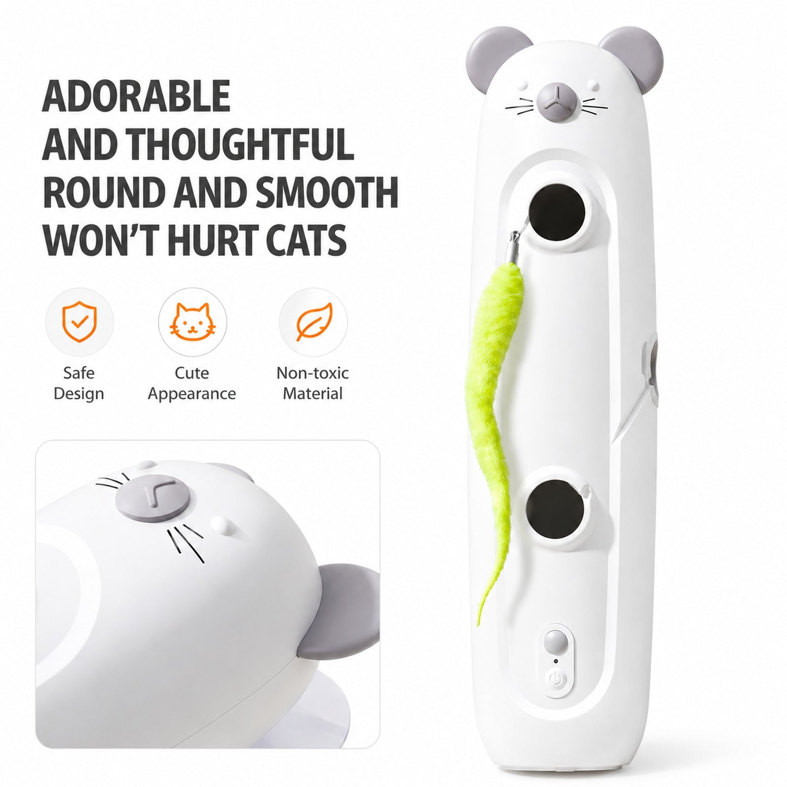 White mouse-shaped cat toy with lime green feather tail and rounded safety design icons