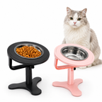 Black and pink adjustable raised pet bowls with a gray and white cat