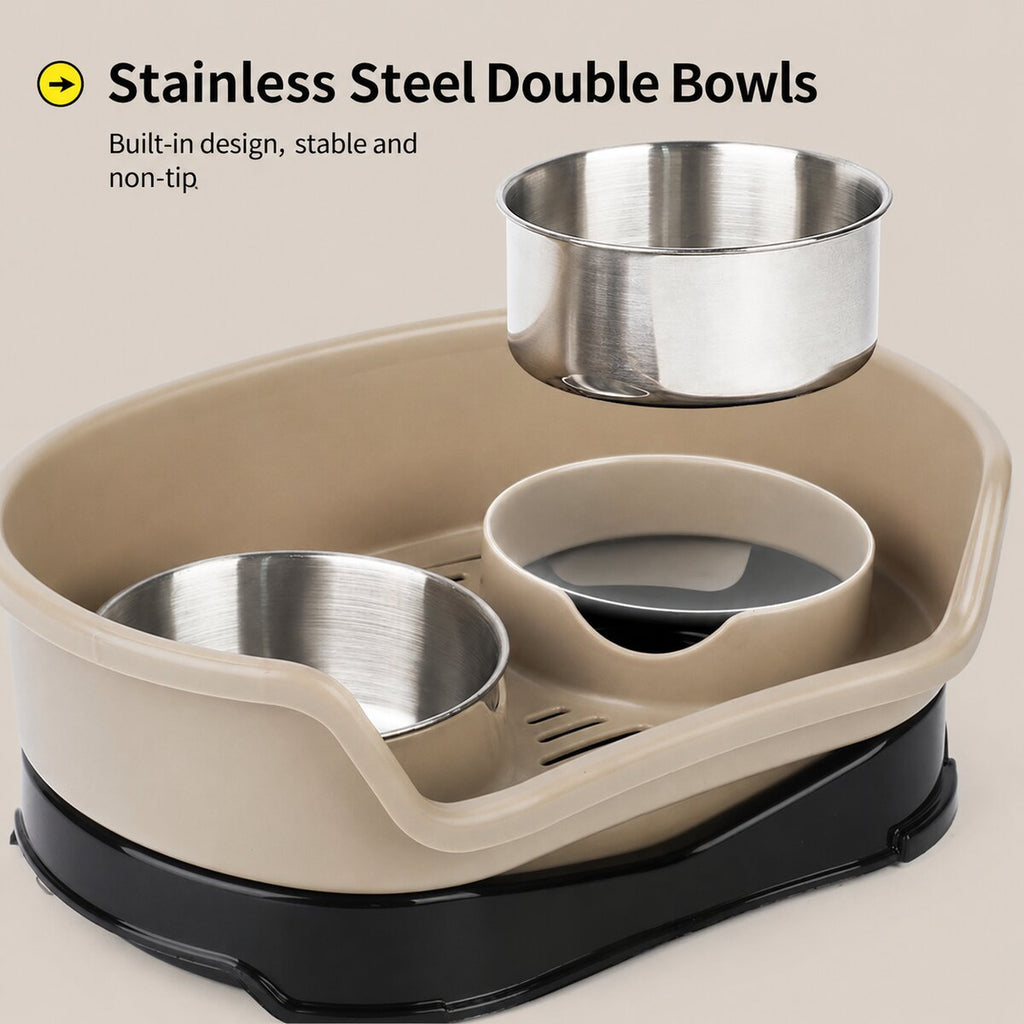 Close-up of beige double pet feeder tray with removable stainless steel bowls