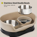Close-up of beige double pet feeder tray with removable stainless steel bowls