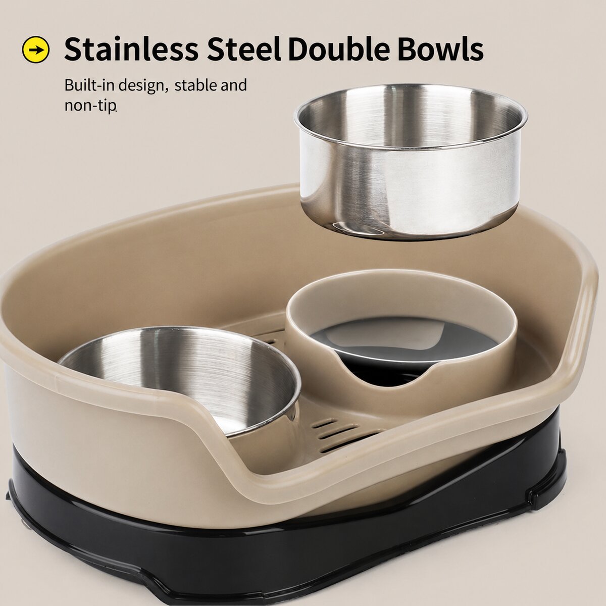 Close-up of beige double pet feeder tray with removable stainless steel bowls