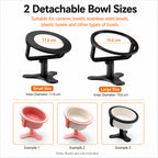 Two detachable bowl size options for black raised feeder stand with example bowls