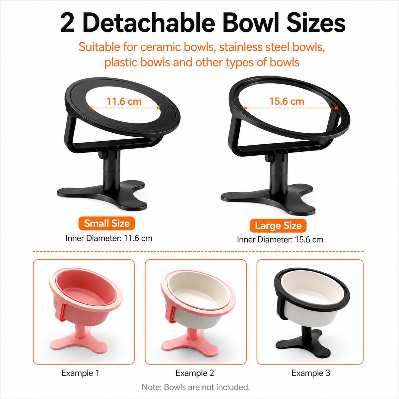 Two detachable bowl size options for black raised feeder stand with example bowls