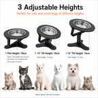 Three height settings for black tilted pet bowl stand shown above cats and a small dog
