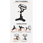 Assembly guide showing black raised pet bowl stand parts and five setup steps