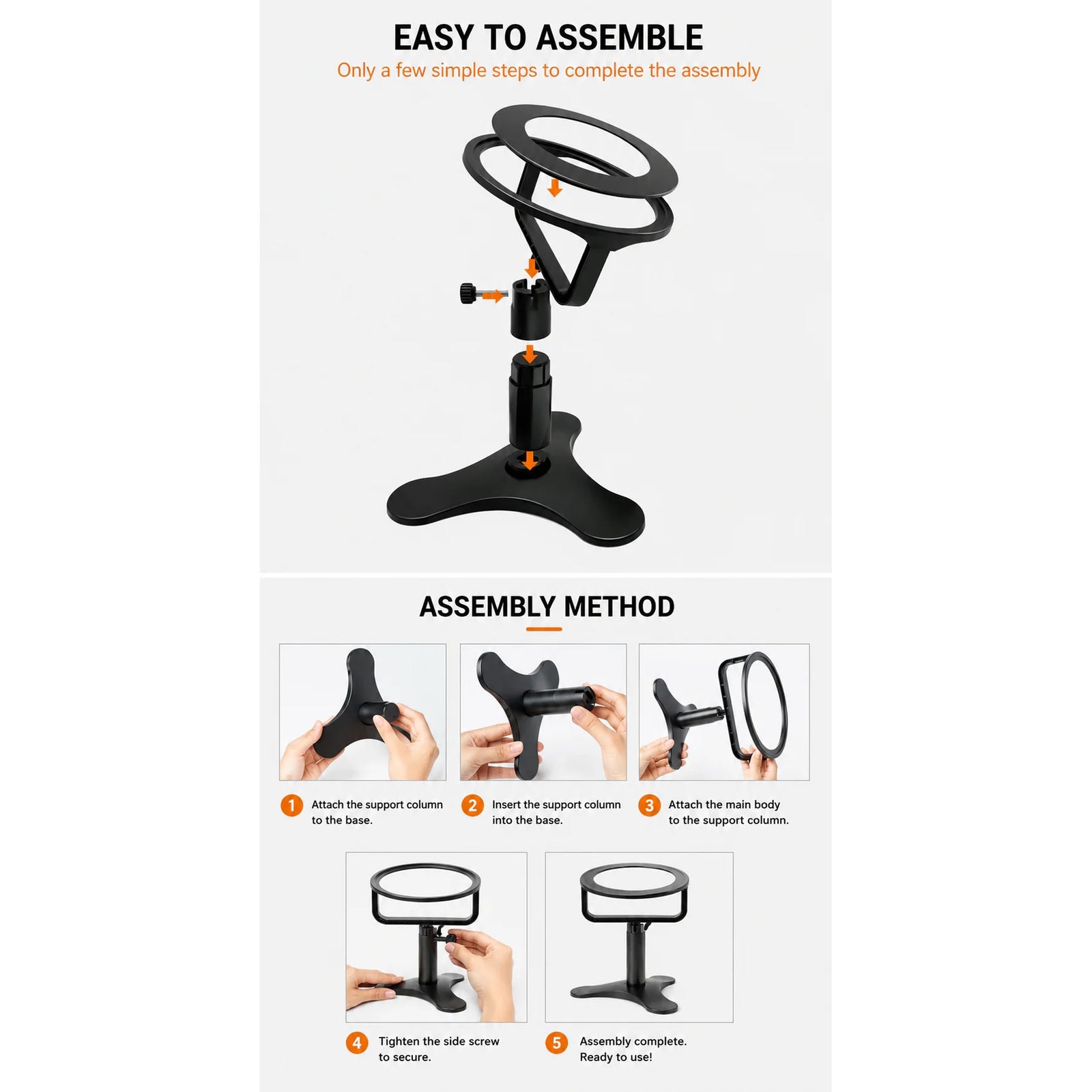 Assembly guide showing black raised pet bowl stand parts and five setup steps