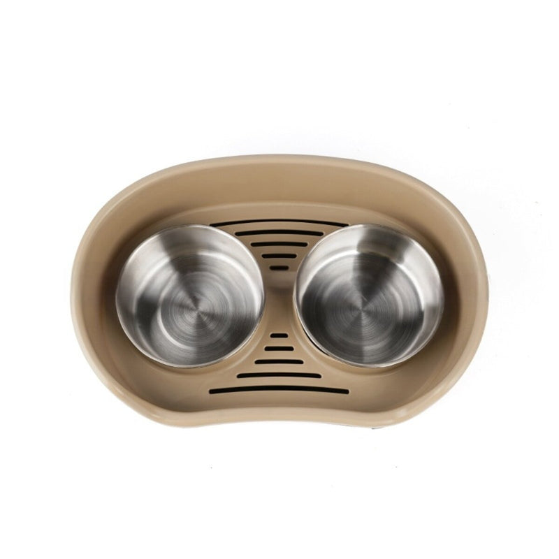 Beige elevated double pet feeder with two stainless steel bowls