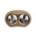 Beige elevated double pet feeder with two stainless steel bowls