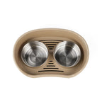 Beige elevated double pet feeder with two stainless steel bowls