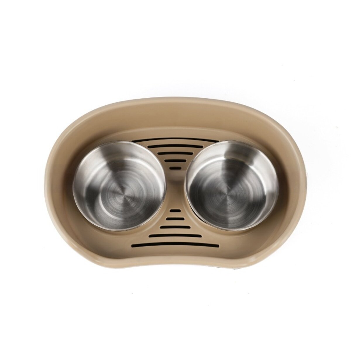 Beige elevated double pet feeder with two stainless steel bowls
