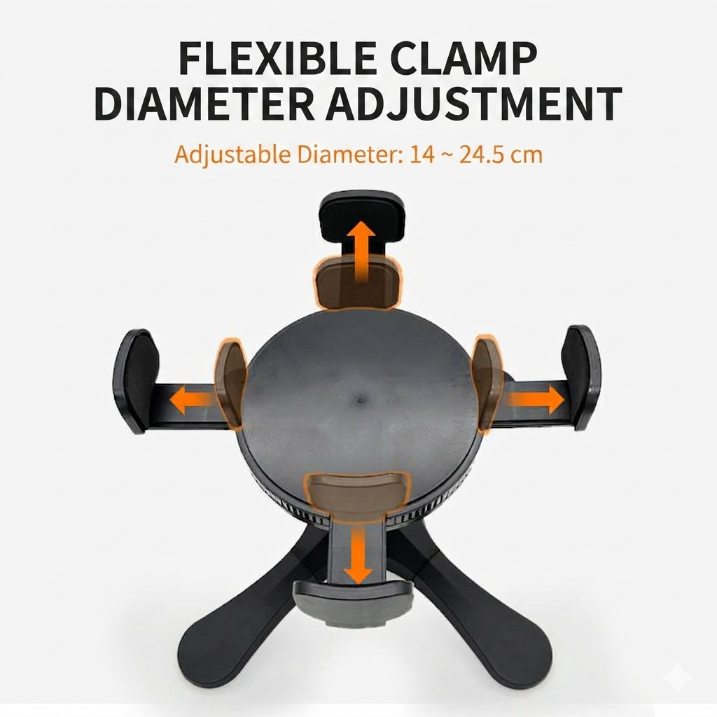 Bottom view of raised pet bowl stand with arrows showing flexible clamp diameter adjustment