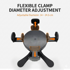 Bottom view of raised pet bowl stand with arrows showing flexible clamp diameter adjustment