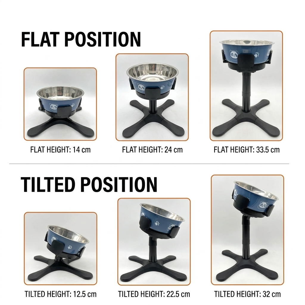Height chart showing raised pet bowl stand in flat and tilted positions