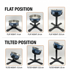 Height chart showing raised pet bowl stand in flat and tilted positions