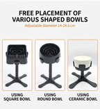 Adjustable raised bowl stand showing square, round, and ceramic bowl placements