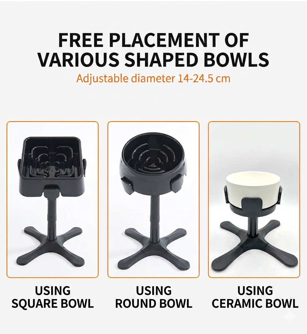 Adjustable raised bowl stand showing square, round, and ceramic bowl placements