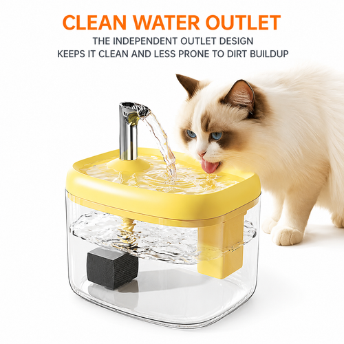 Cat drinking from the Lyypet yellow pet water fountain