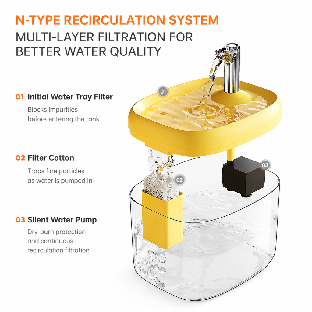 Multi-layer filtration system inside the Lyypet cat water fountain