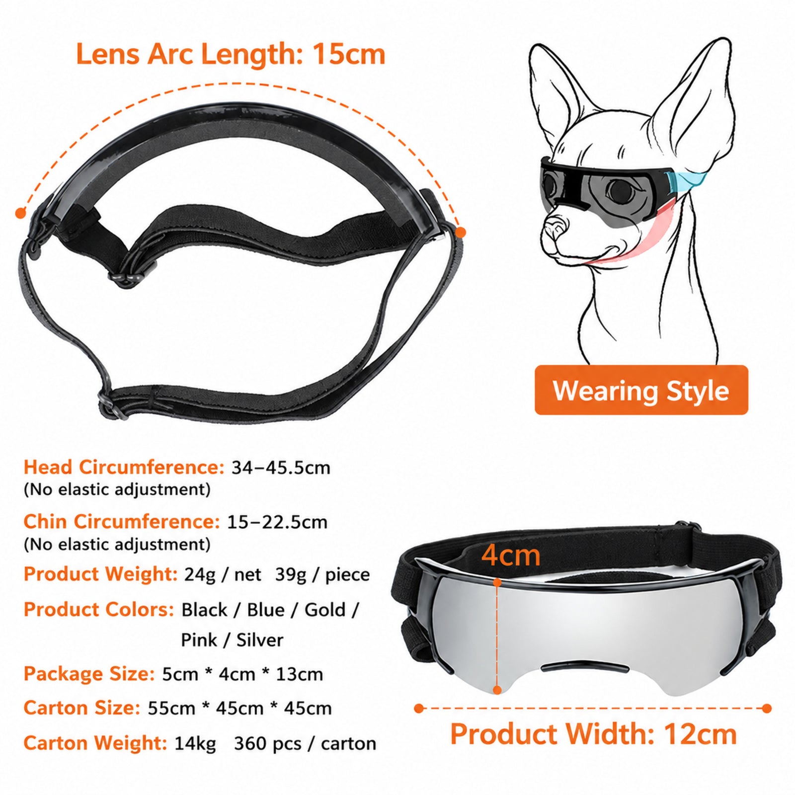 Dog goggles size guide with strap measurements and wearing style diagram
