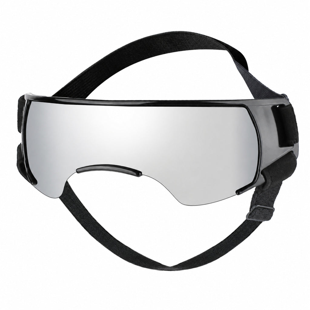 Silver dog goggles with black adjustable strap shown from the front
