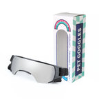 Silver lens dog goggles with black strap shown beside retail packaging box