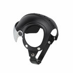 Close-up of Lyypet dog helmet showing black shell, visor mount, and adjustable strap
