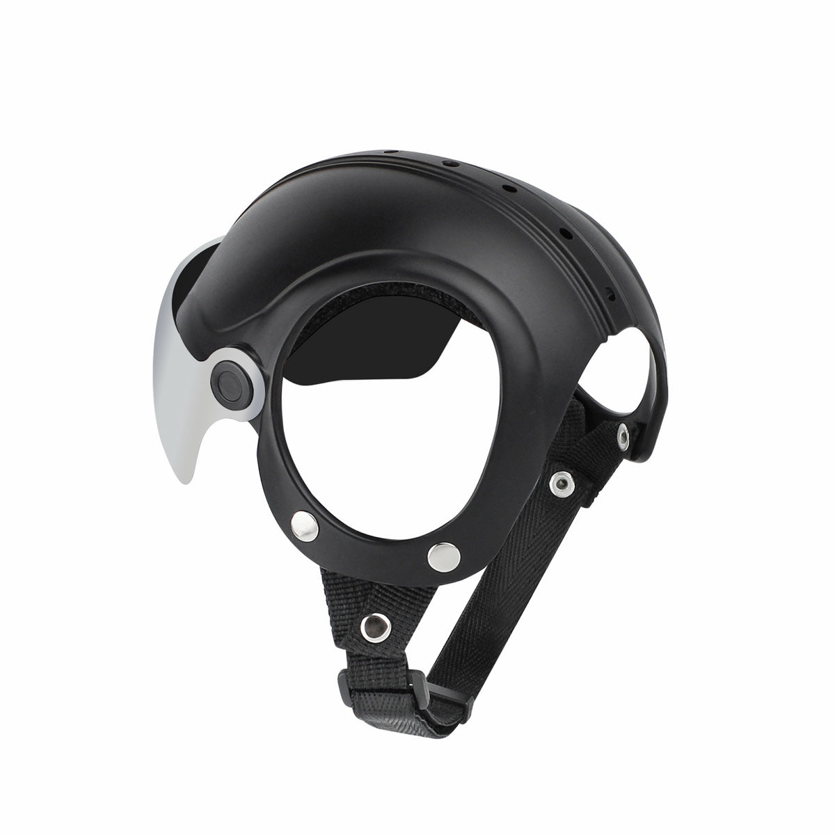 Close-up of Lyypet dog helmet showing black shell, visor mount, and adjustable strap