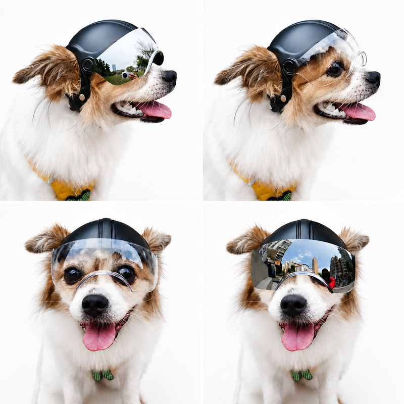 Alternate view of Four-view collage of a small brown and white dog wearing a black helmet with mirrored and clear visors