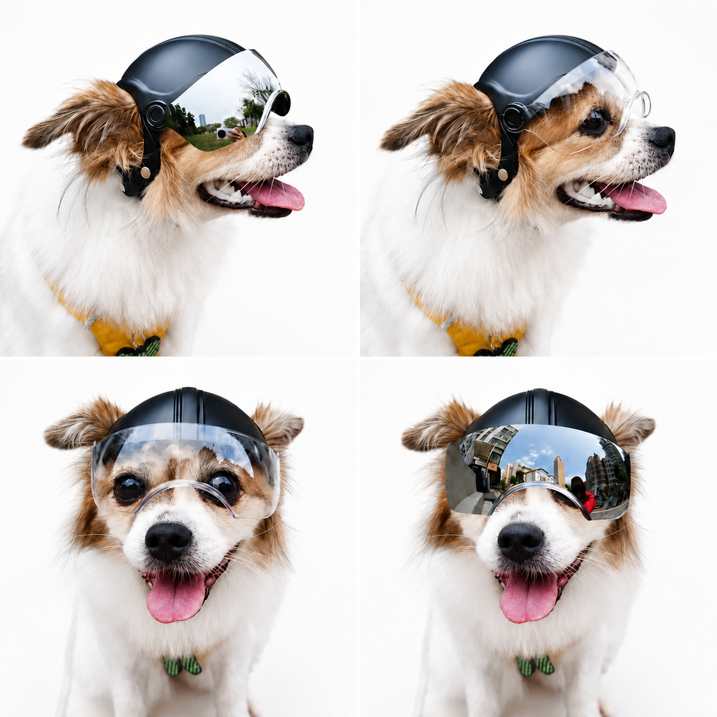 Four-view collage of a small brown and white dog wearing a black helmet with mirrored and clear visors