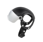 Lyypet black dog helmet with silver protective visor and adjustable strap, side view