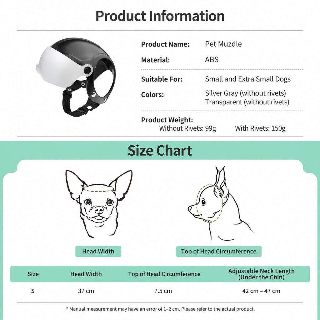 Lyypet dog helmet size chart showing head width and adjustable neck measurements