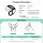 Lyypet dog helmet size chart showing head width and adjustable neck measurements