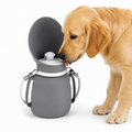 Golden retriever puppy drinking from a gray dog water bottle with an open built-in bowl on a white background