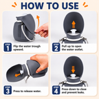 Four-step diagram showing how to open, pour from, and close the gray pet water bottle